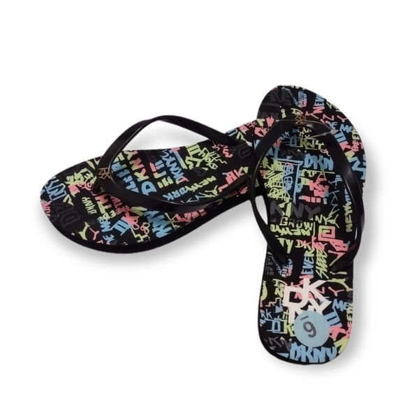 Dkny Zane Black Graffiti Sandals Flip Flops Women's Size 6 - Picture 7 of 9